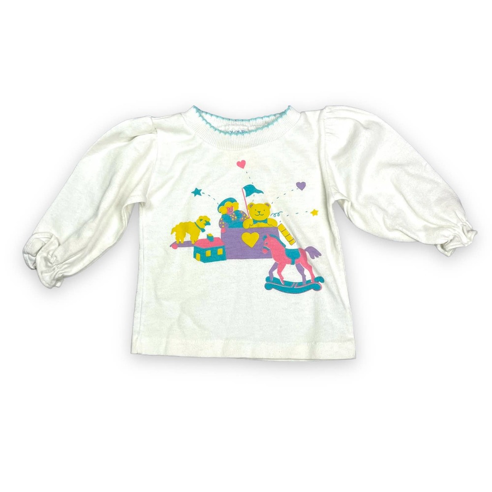 Vintage 80s Baby Girl Long Puff Sleeve Shirt Top Toys Pastel 6m 9m 12m
